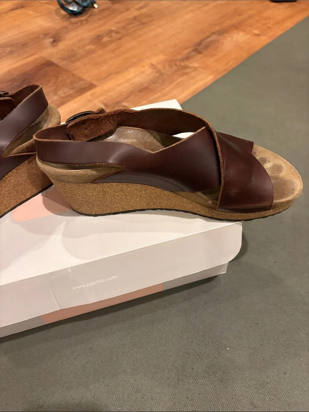 Papillio Brown Leather Crisscross Wedge Sandals